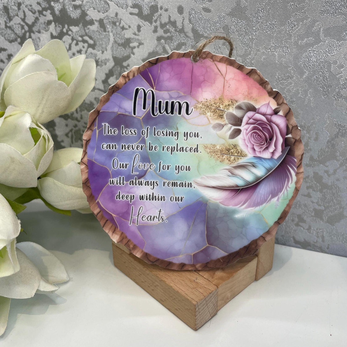 Purple feather memorial wood slice decoration personalised for a loved one
