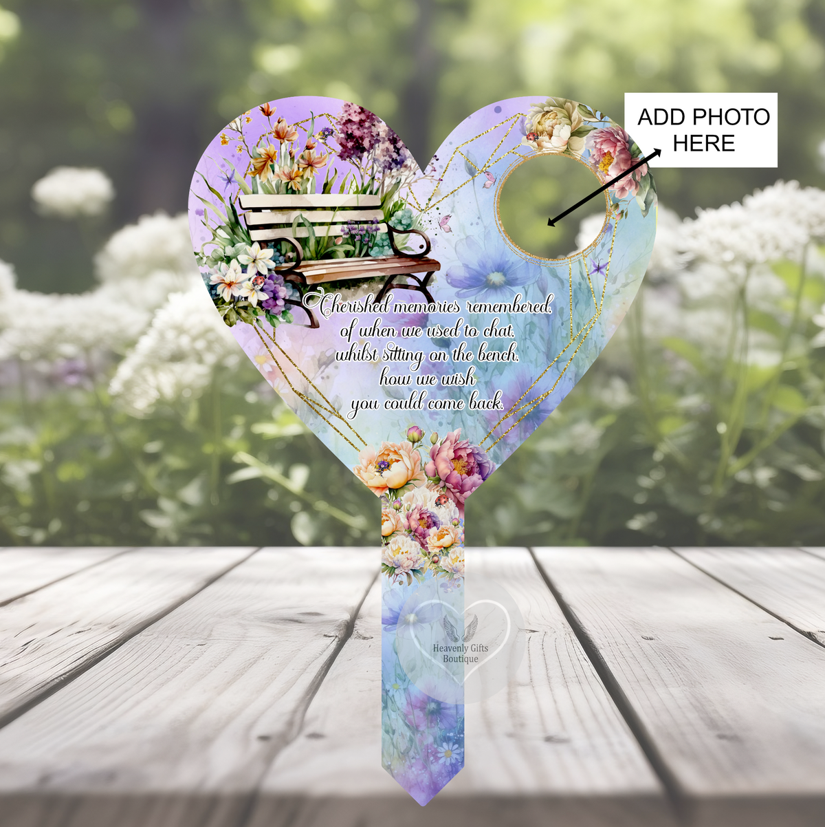 Purple floral bench memorial grave marker with poem and personalised photo
