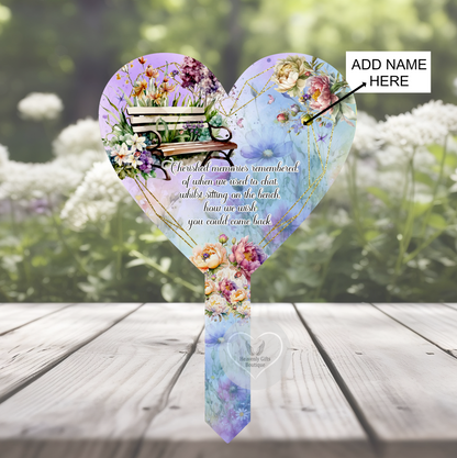 Purple floral bench memorial heart grave marker with remembrance poem