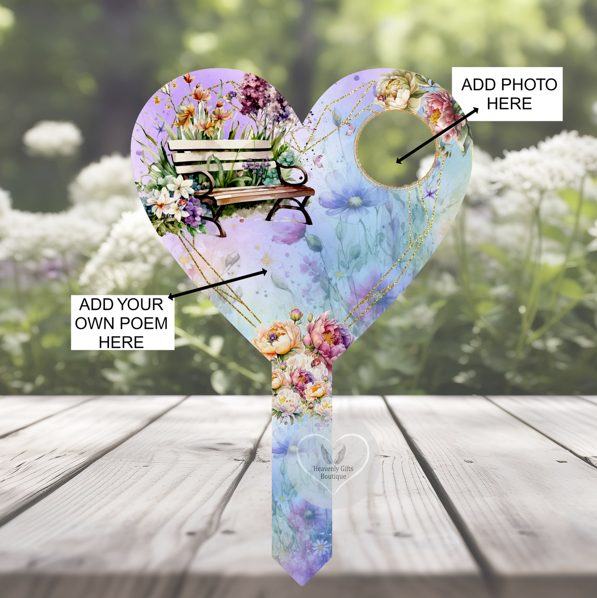 Purple floral bench memorial grave marker with own text and personalised photo