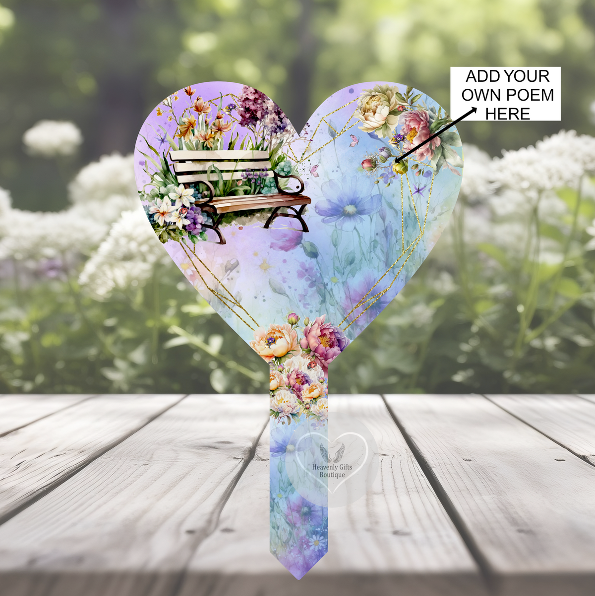 Purple floral bench memorial heart grave marker with your own wording