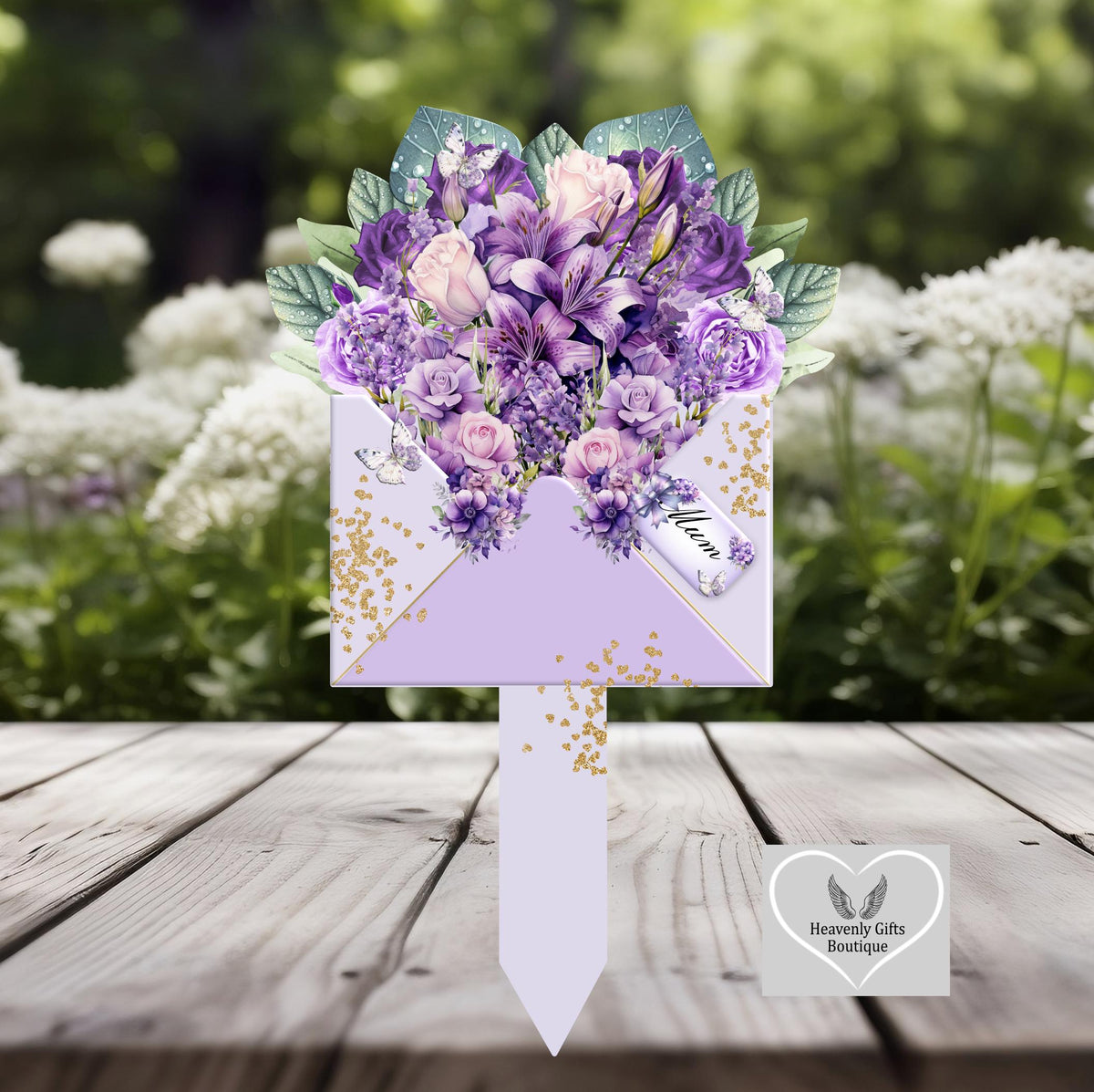 Purple floral bouquet grave marker for graveside remembrance