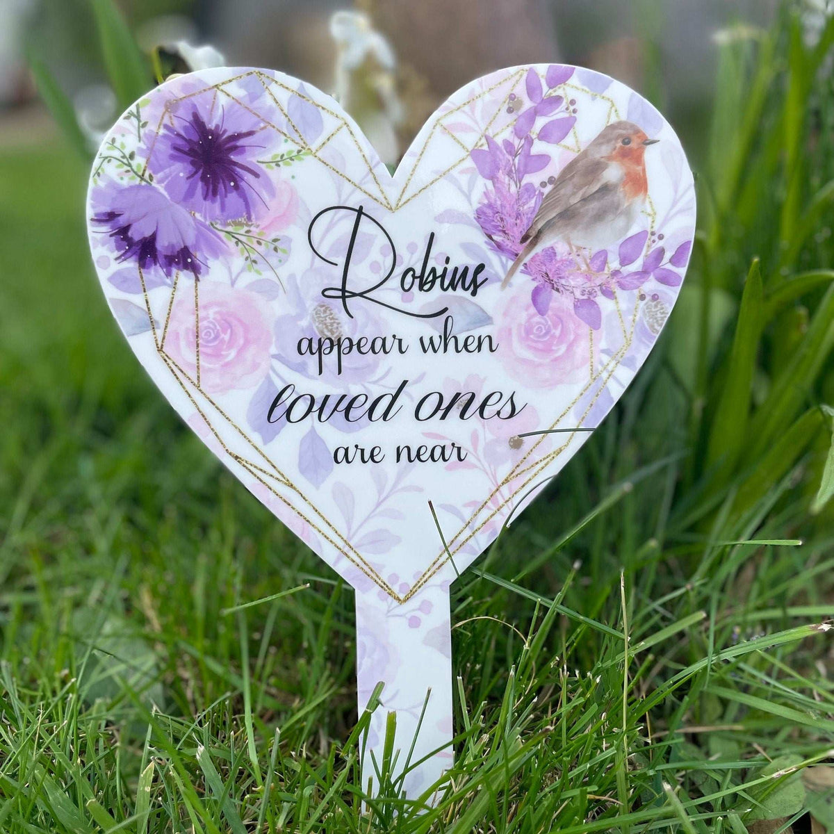Purple floral robin heart grave marker with Robins Appear memorial wording
