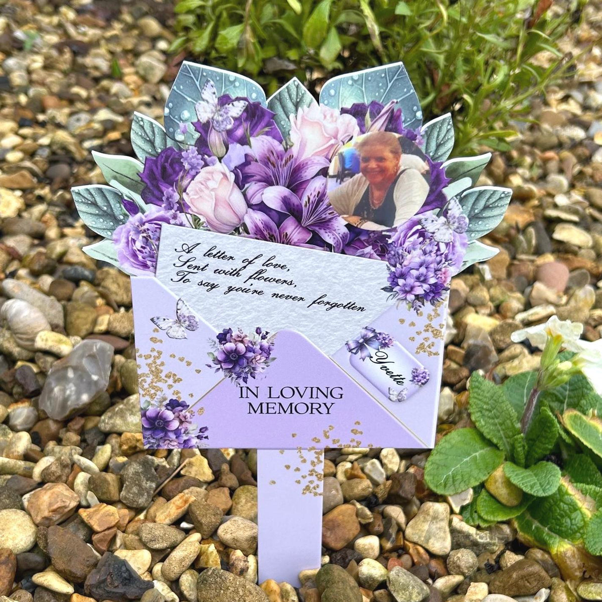 Purple flower Letter to Heaven grave marker with remembrance wording