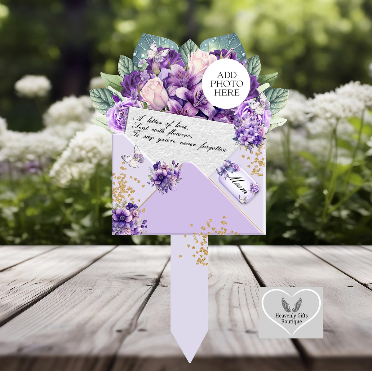Purple flower memorial grave marker with personalised photograph