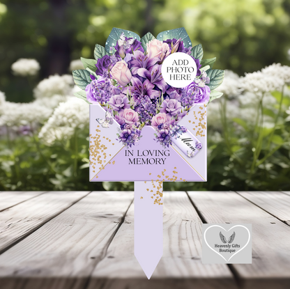Purple In Loving Memory flower grave marker with personalised photograph