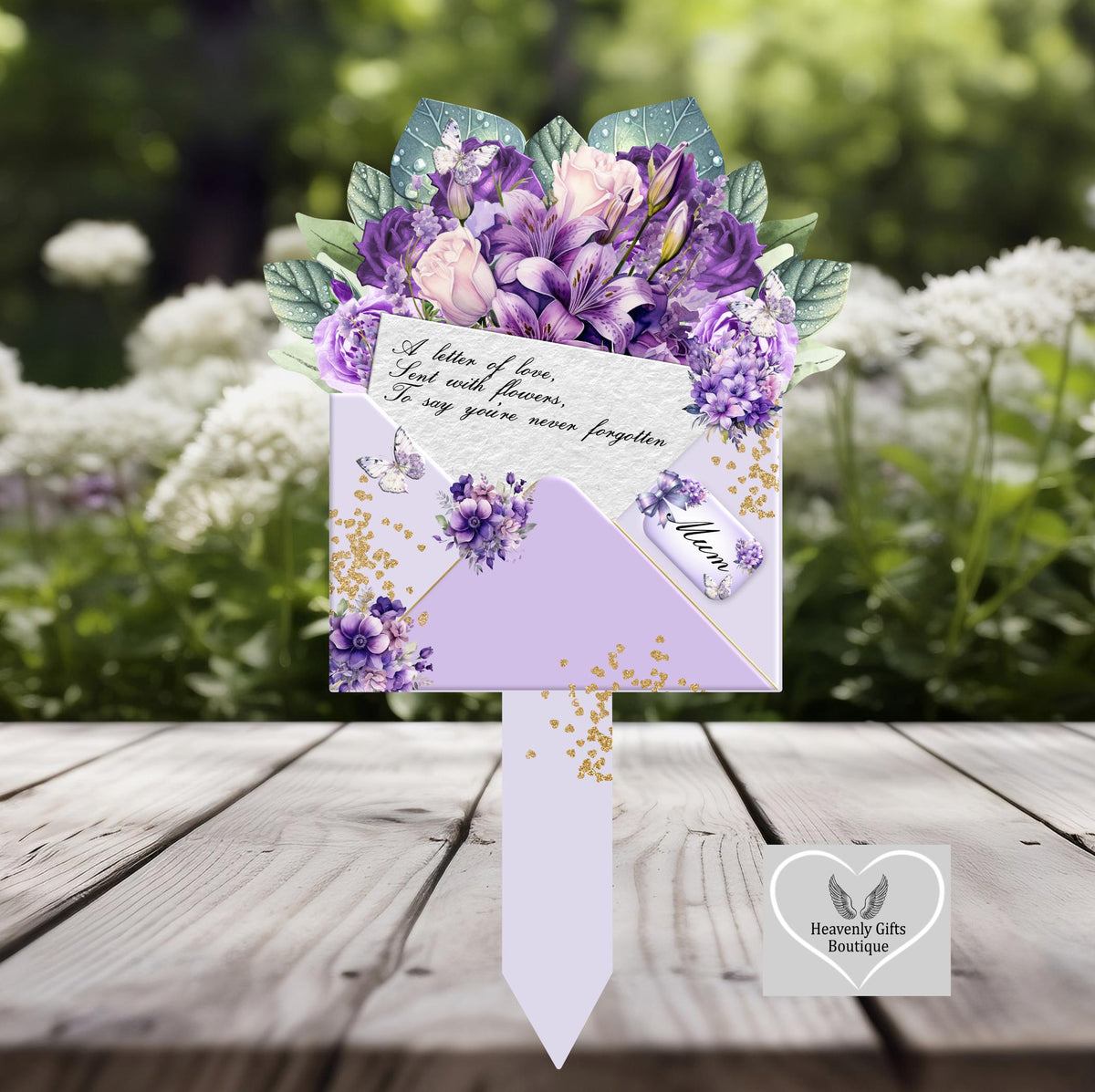 Purple flower memorial grave marker with Letter of Love design