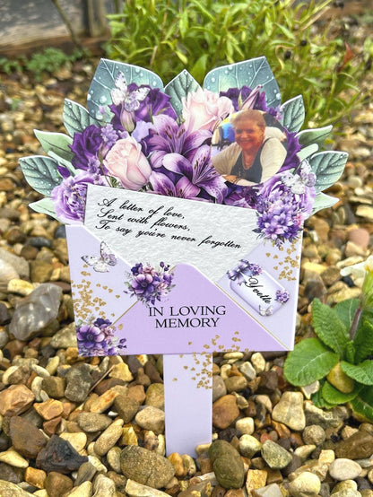 Purple memorial bouquet grave marker personalised for someone special