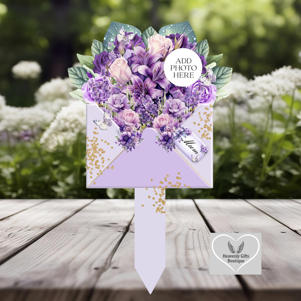 Purple memorial flower bouquet grave marker with personalised wording