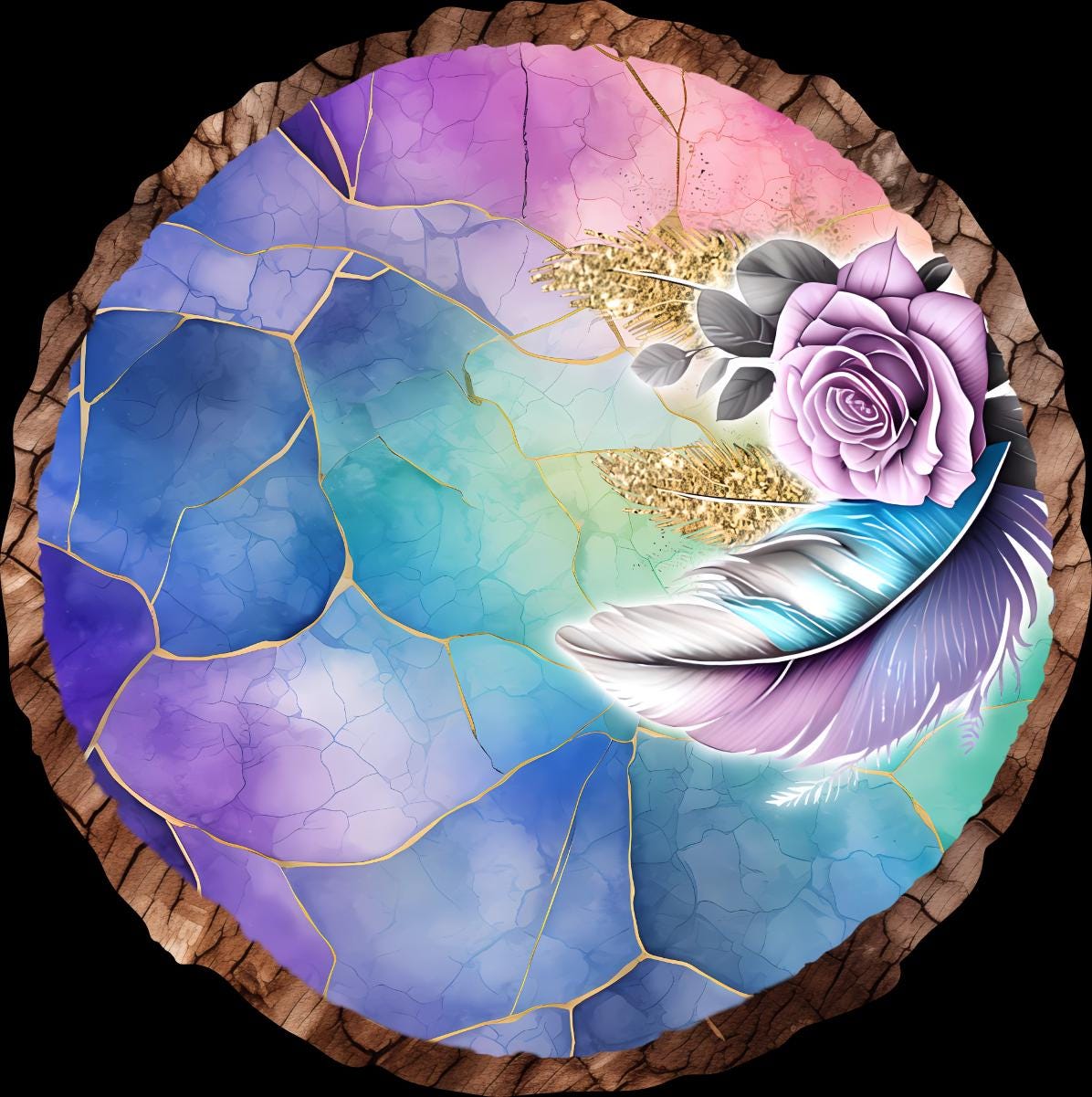 Purple memorial hanging wood slice decoration with feather design and ribbon