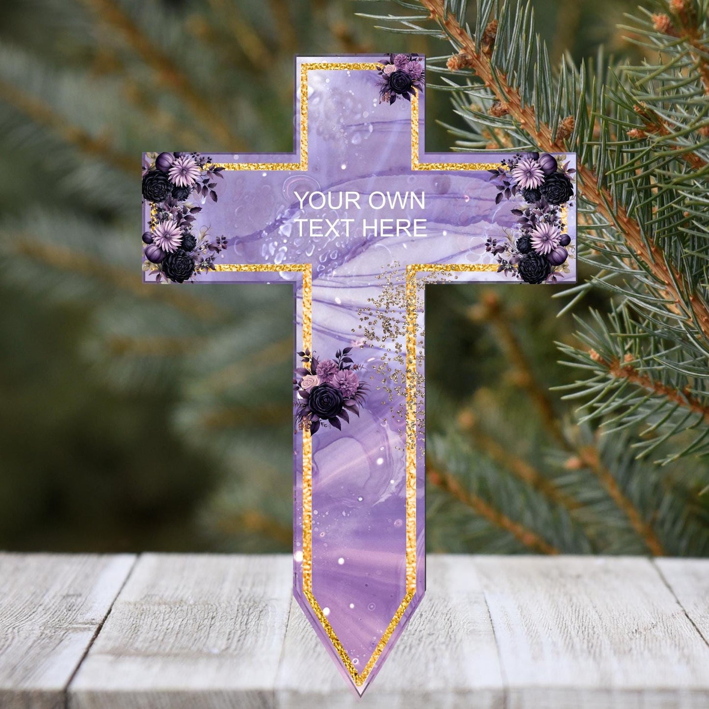 Purple personalised cross grave marker with remembrance wording
