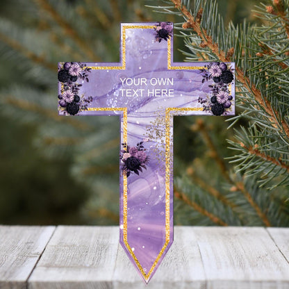 Purple personalised cross grave marker with remembrance wording