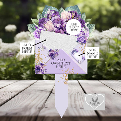 Purple remembrance flower bouquet grave marker for a loved one