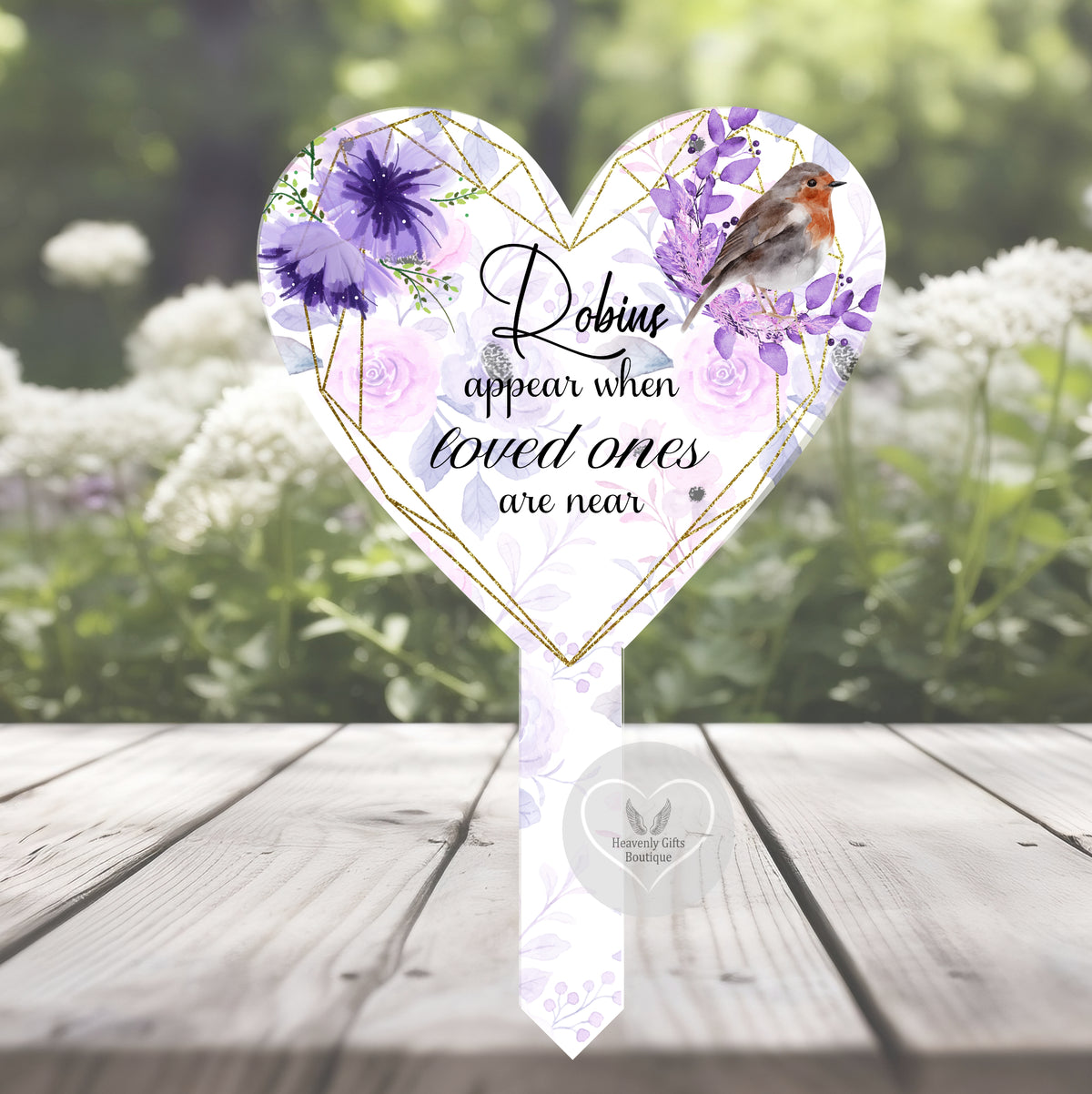 Purple robin grave marker with Robins Appear When Loved Ones Are Near wording