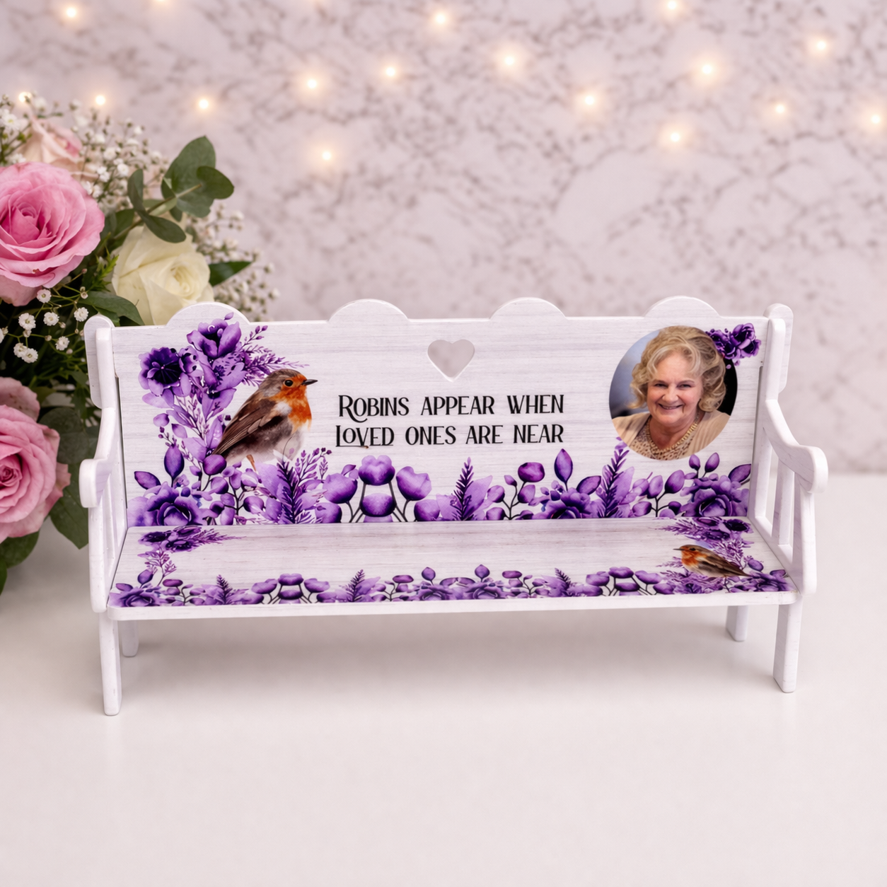 Purple robin personalised memorial bench keepsake