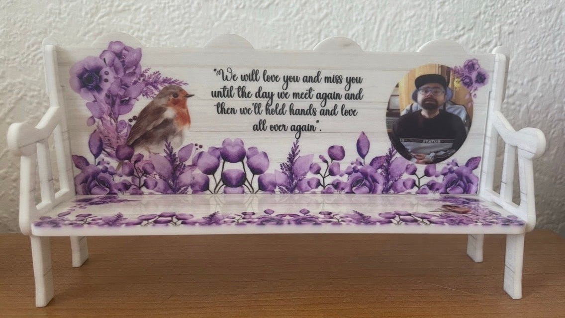 Personalised purple robin memorial bench with loved one photo and remembrance wording
