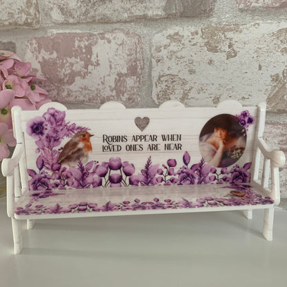 Purple robin remembrance bench personalised as a memorial keepsake