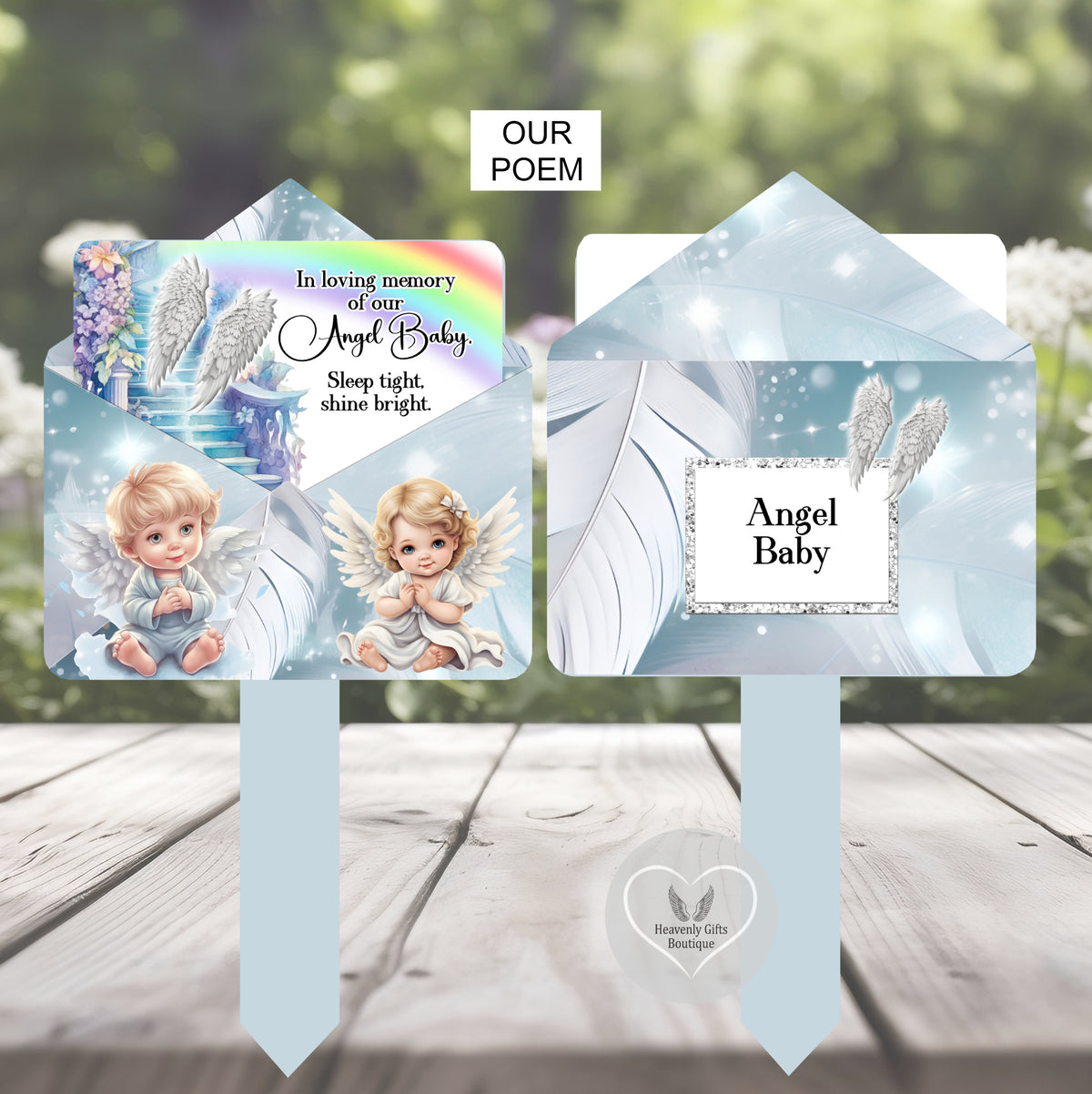 Rainbow angel baby grave marker showing front and personalised back