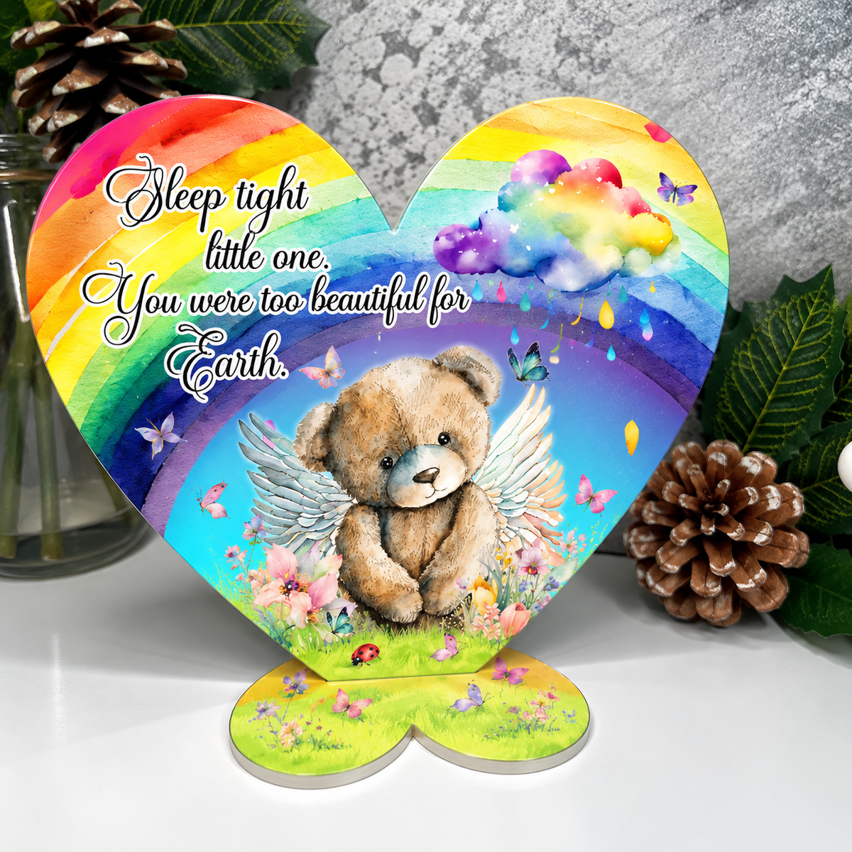 Rainbow baby loss memorial heart plaque with angel teddy and remembrance wording