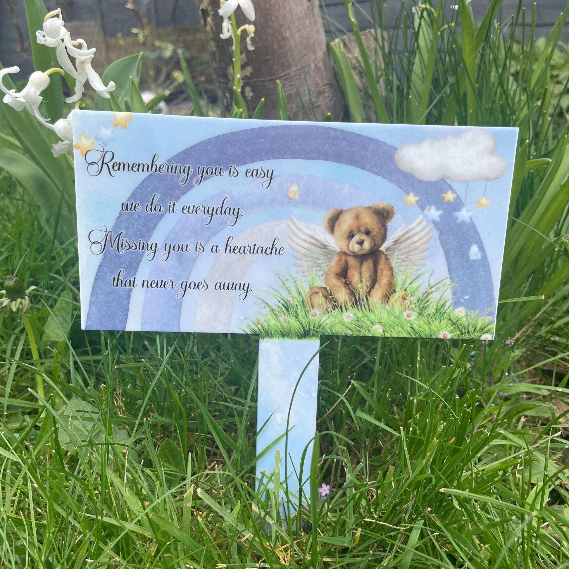 Rainbow baby memorial grave plaque with teddy bear design