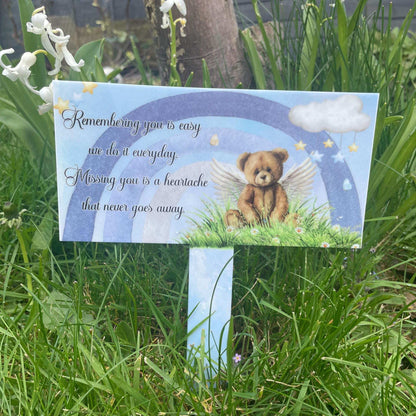 Rainbow baby memorial grave plaque with teddy bear design