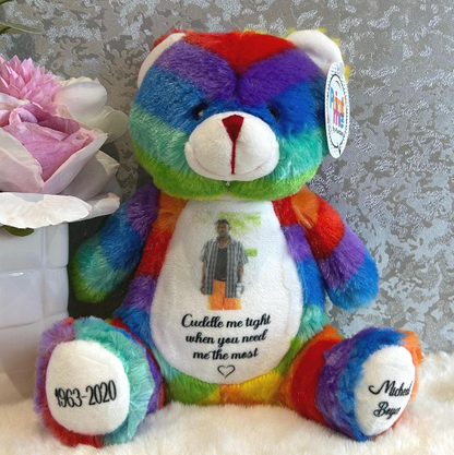 Rainbow bereavement keepsake with personalised memorial photo