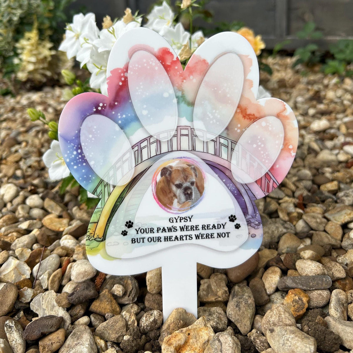 Rainbow Bridge pet grave marker personalised with photo