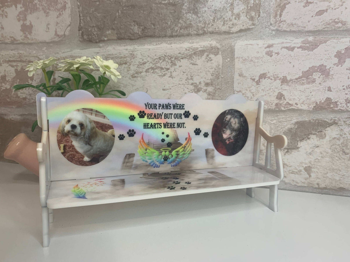 Rainbow Bridge pet memorial bench keepsake with paw prints wording