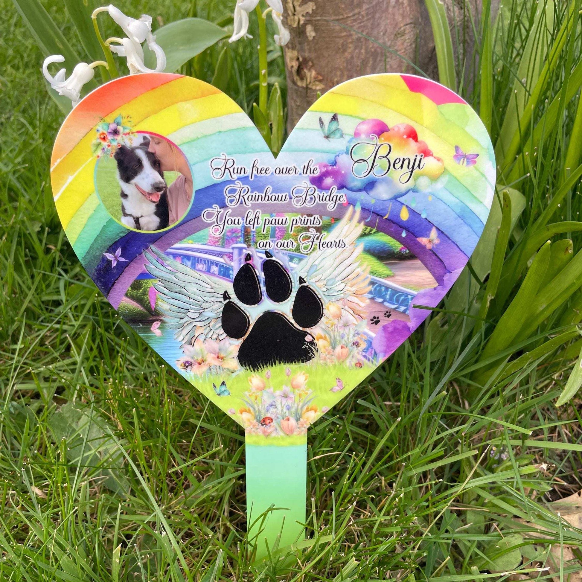 Rainbow Bridge pet memorial grave marker with personalised photo