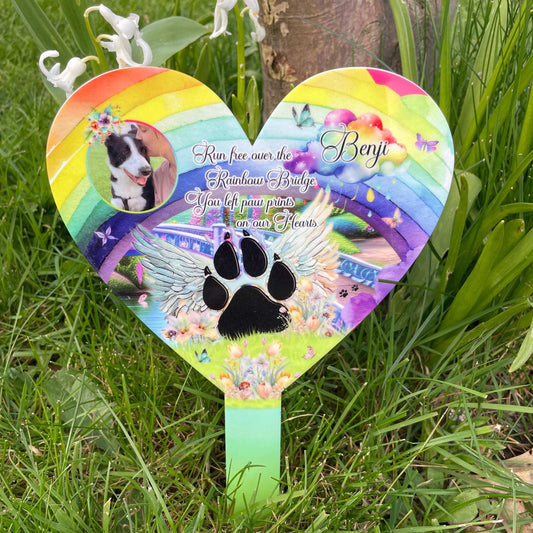 Rainbow Bridge pet memorial grave marker with personalised photo