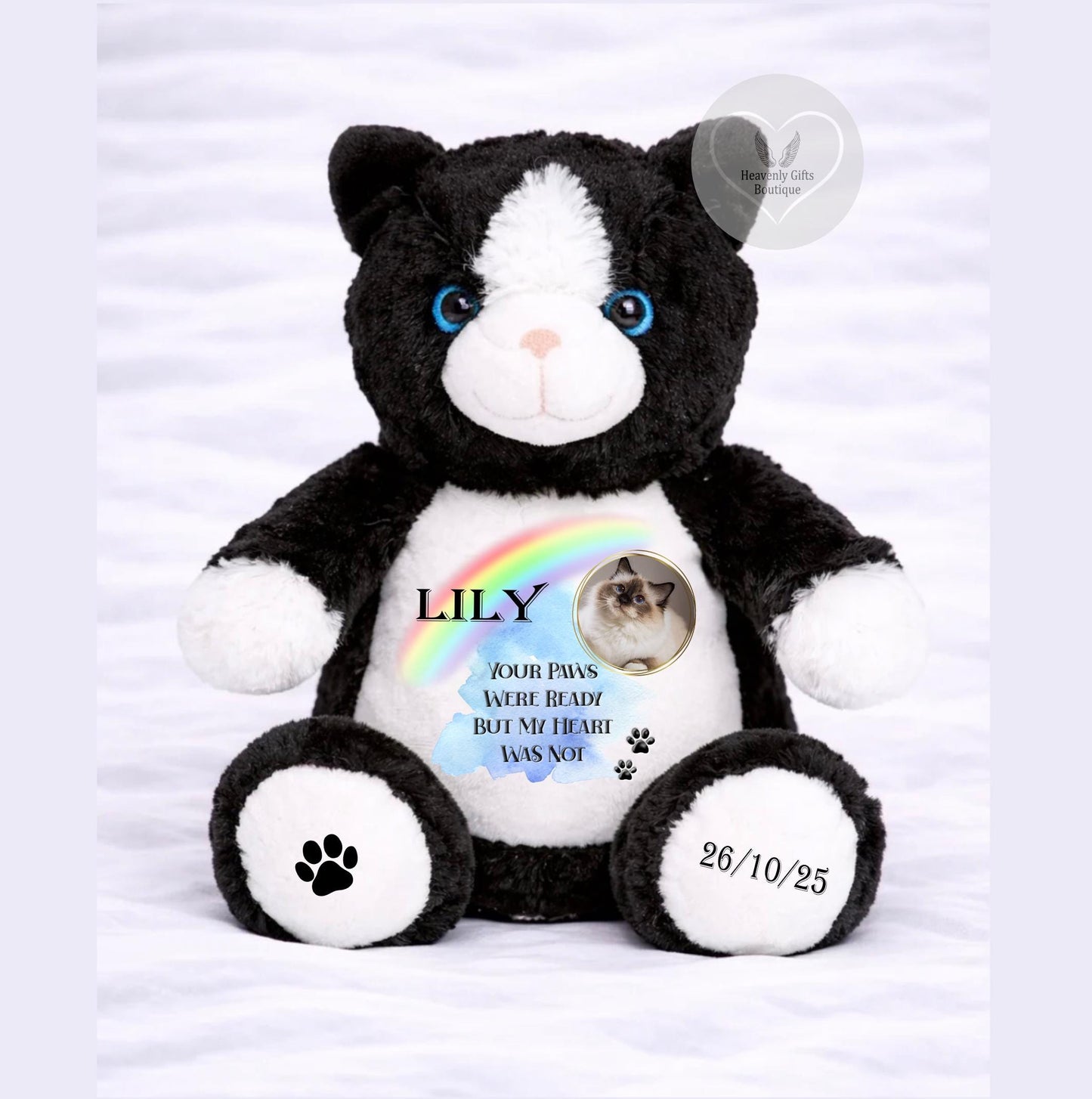 Rainbow cat memorial plush keepsake with photo and name
