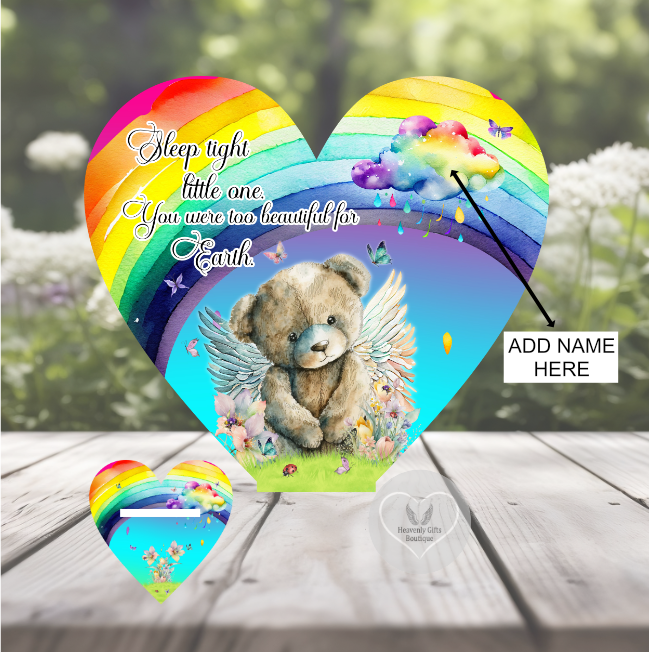 Rainbow child loss memorial heart plaque with butterflies and angel teddy