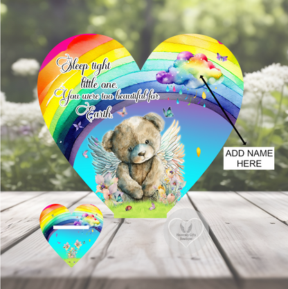 Rainbow child loss memorial heart plaque with butterflies and angel teddy