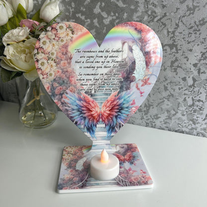 Rainbow and feathers memorial tealight plaque personalised for a loved one