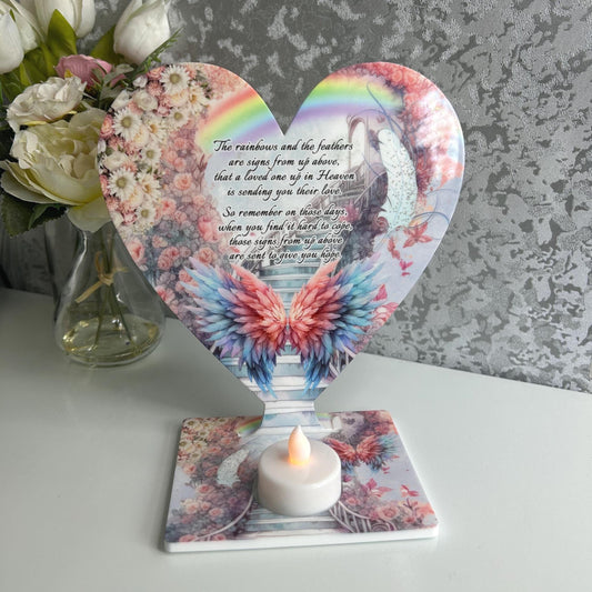 Rainbow and feathers memorial tealight plaque personalised for a loved one