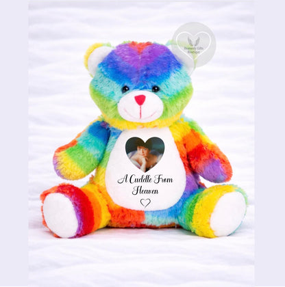 Rainbow memory bear personalised with memorial photograph