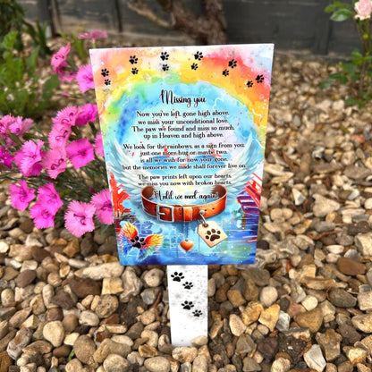 Rainbow pet loss memorial grave marker for a much-loved pet