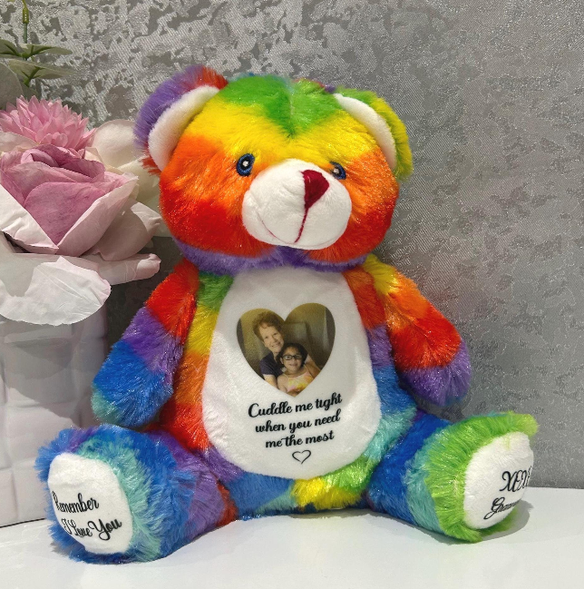 Rainbow remembrance memory bear with personalised photo