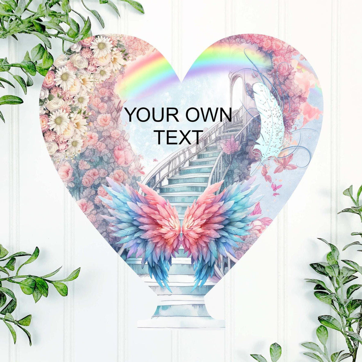 Rainbow stairs to heaven memorial tealight plaque with feather design