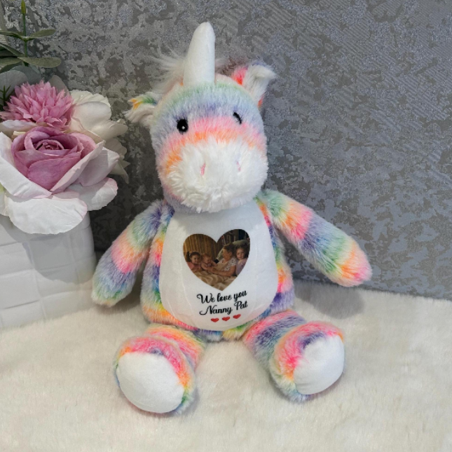 Rainbow unicorn photo memory teddy personalised with memorial photograph and wording
