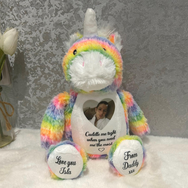 Rainbow unicorn remembrance teddy personalised with photograph and memorial message