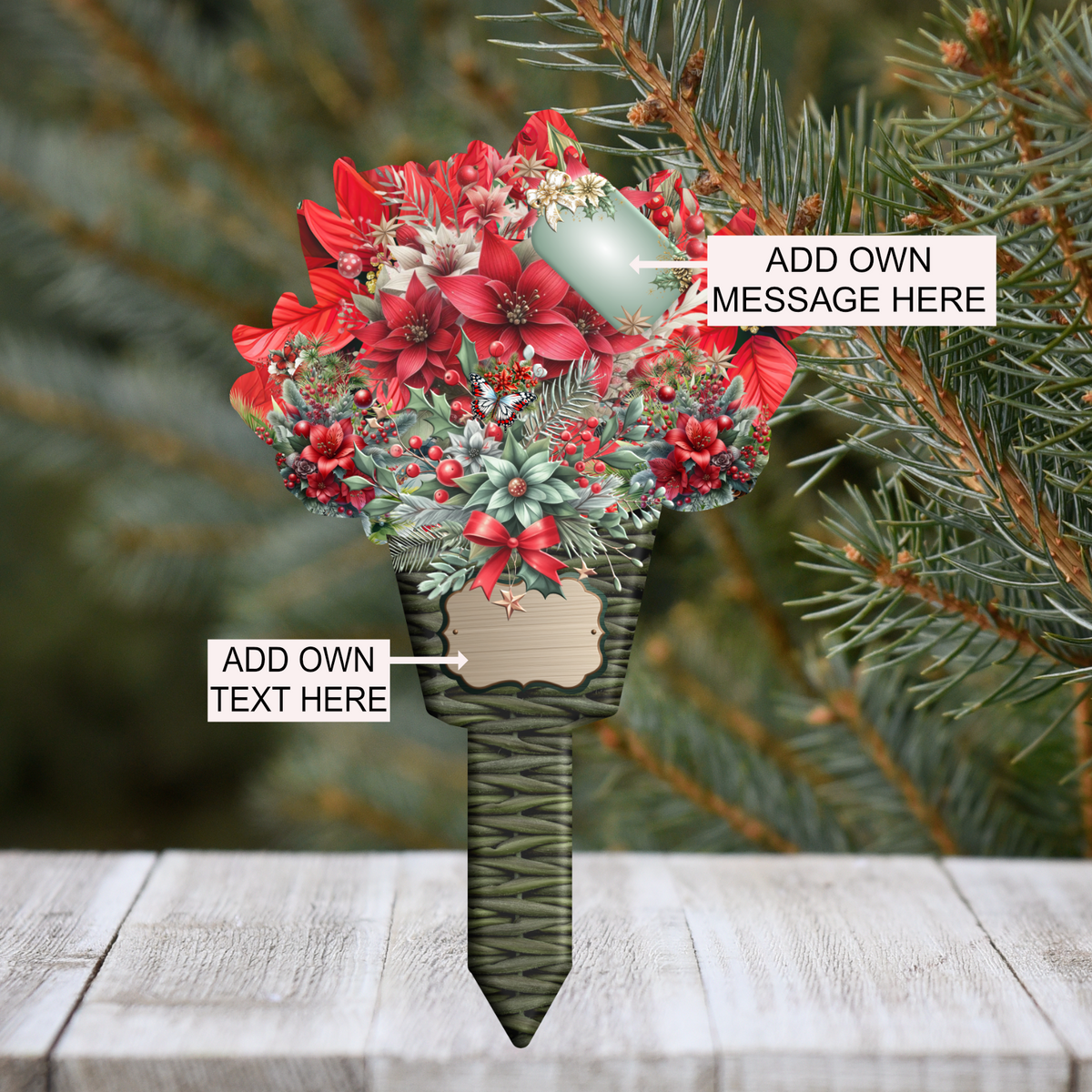 Red Christmas memorial flower grave marker with personalised wording