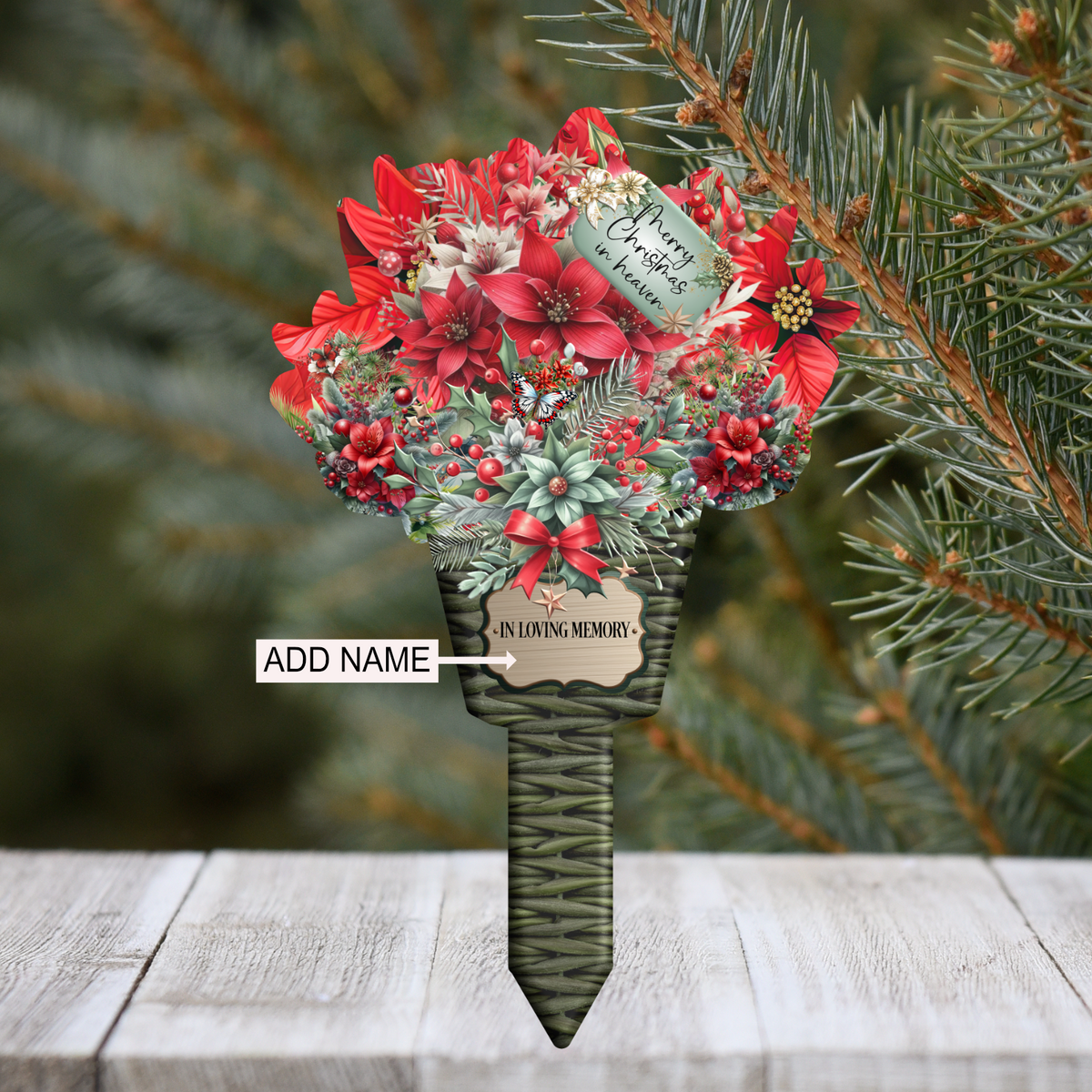 Red Christmas memorial flower grave marker personalised with name