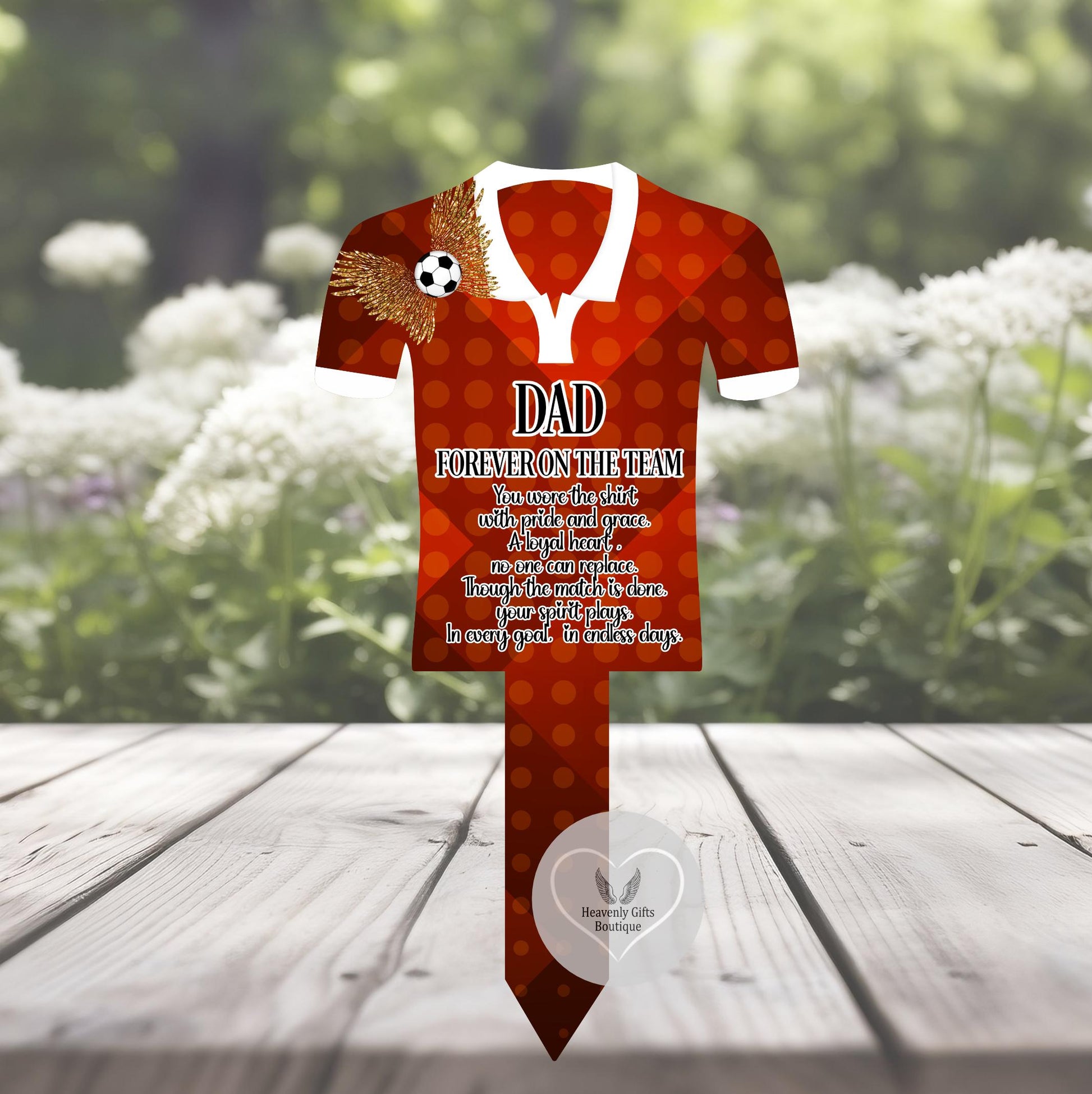 Red personalised football shirt memorial grave marker for Dad with remembrance poem