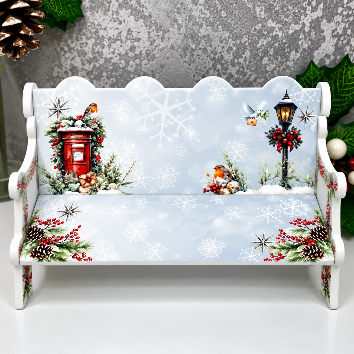 Red post box Christmas remembrance bench with robins, snowflakes and festive lamp post