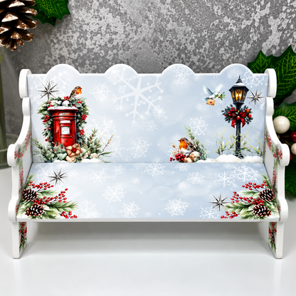 Red post box Christmas remembrance bench with robins, snowflakes and festive lamp post