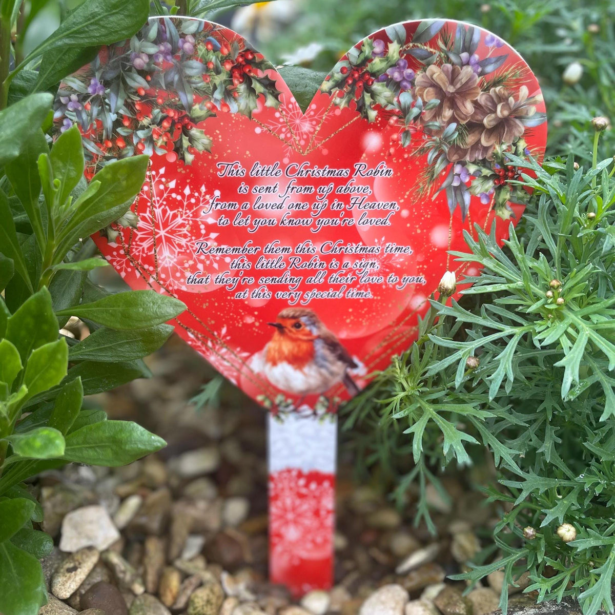 Red robin Christmas heart grave marker for a loved one