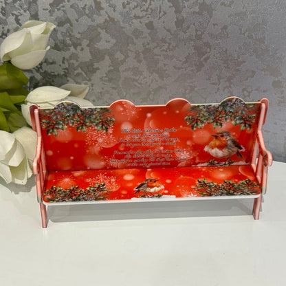 Red robin Christmas memorial bench keepsake for remembering a loved one at Christmas