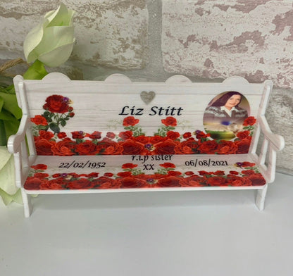 Personalised red roses memorial bench for Sister with photo, name and remembrance dates
