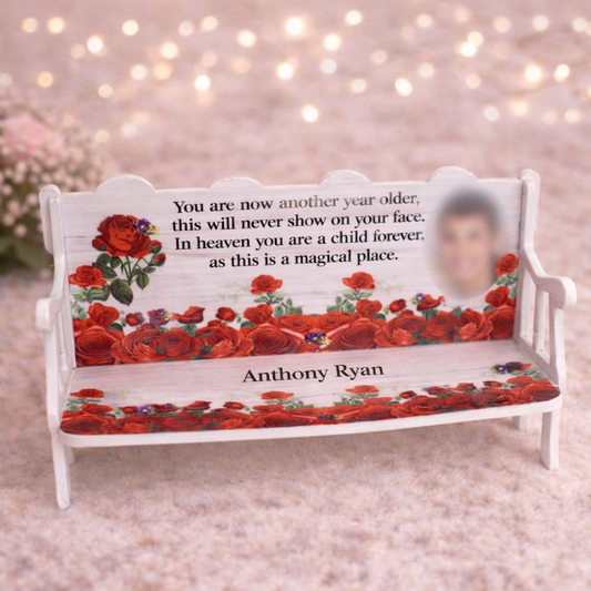 Red roses memorial bench keepsake with personalised photograph